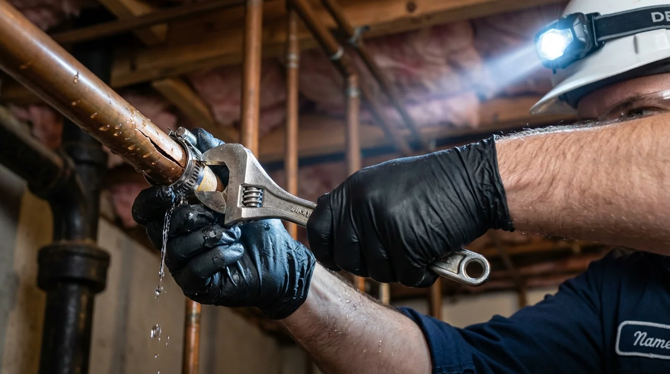 Emergency pipe clamp repair being performed by a Johns Plumbing LLC plumber in Tyngsboro