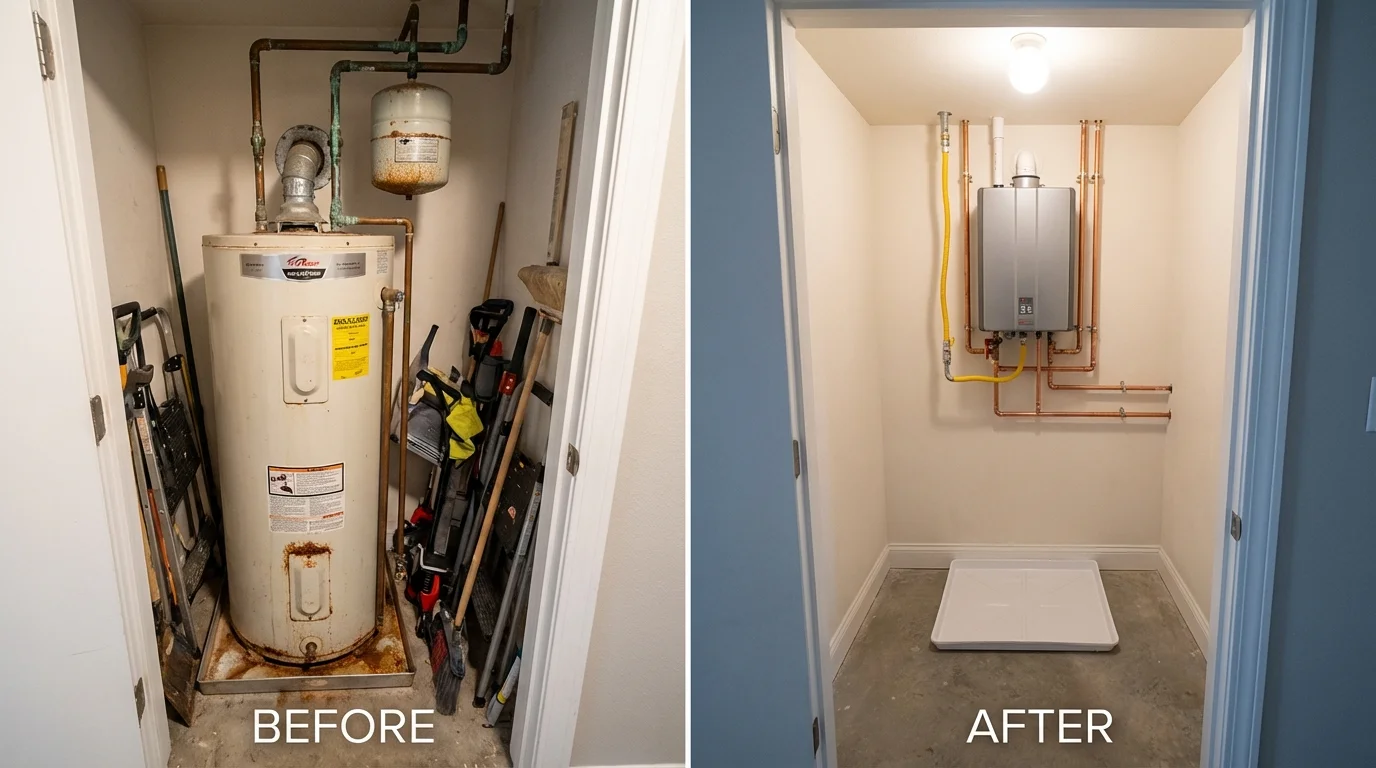 Tank water heater versus wall-mounted tankless unit comparison for Tyngsboro, MA homeowners