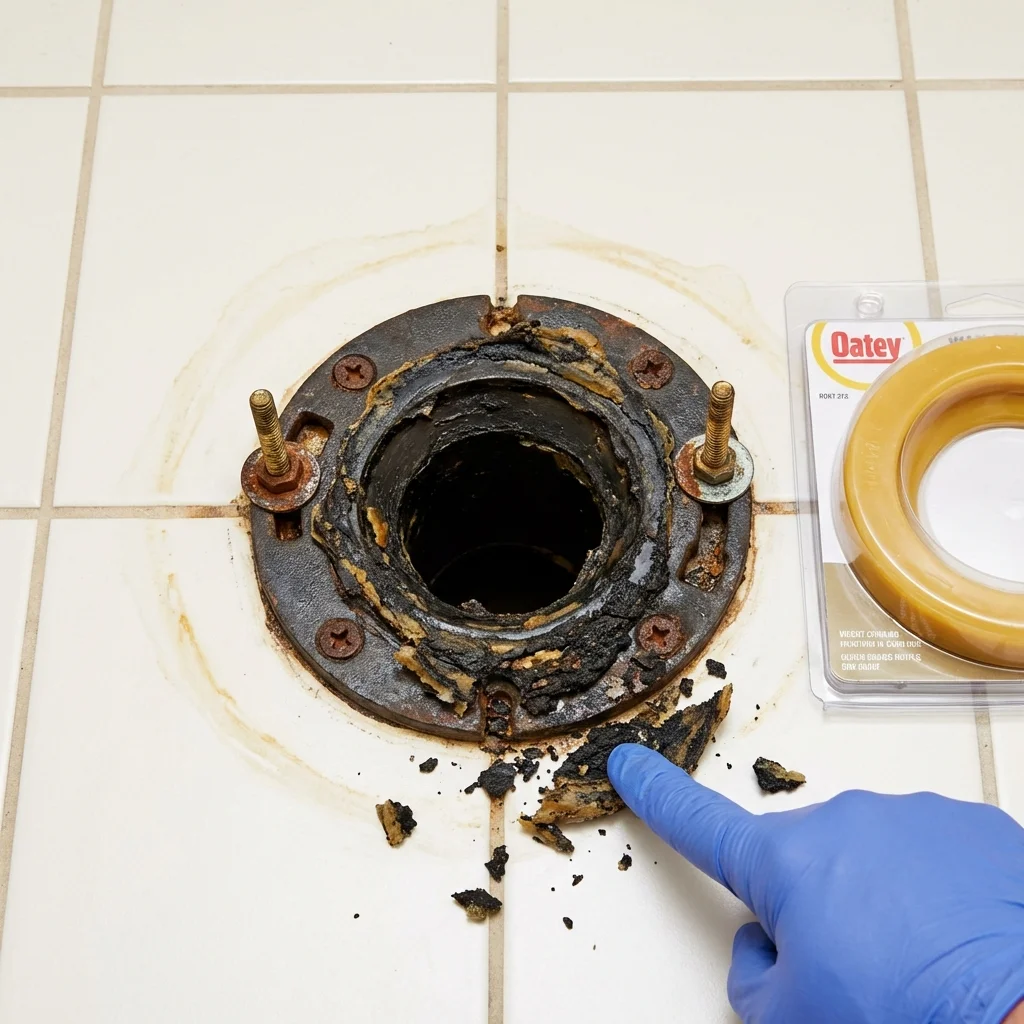 Failed wax ring showing water seepage at the base of a toilet in a Tyngsboro, MA home