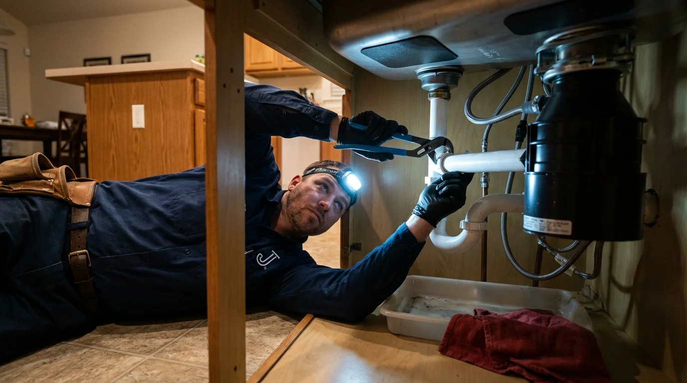 P-trap and supply line connections under a kitchen sink showing a common leak point in Tyngsboro, MA
